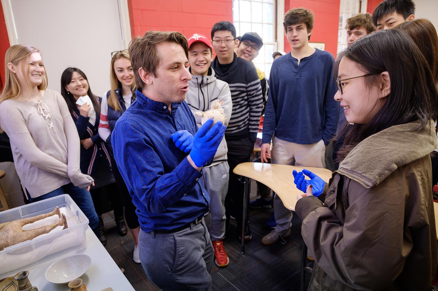 Andrew Gurstelle, director of the Wake Forest Museum of Anthropology, talks about artifacts from the Tong Dynasty in history professor Dan Du's Chinese History class.