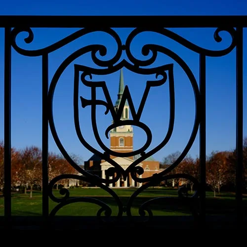 Wait Chapel as seen through the ironwork located on the balcony of Reynolda Hall.