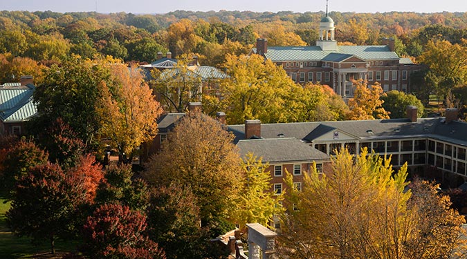 Aerial view of the Wake Forest campus in the fall.