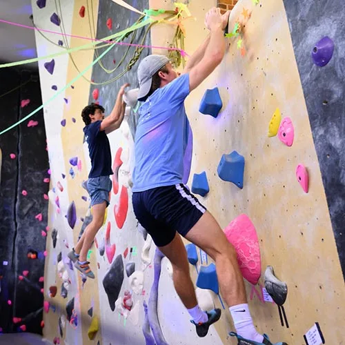 Students rock climb under blue lights in Reynolds Gym.