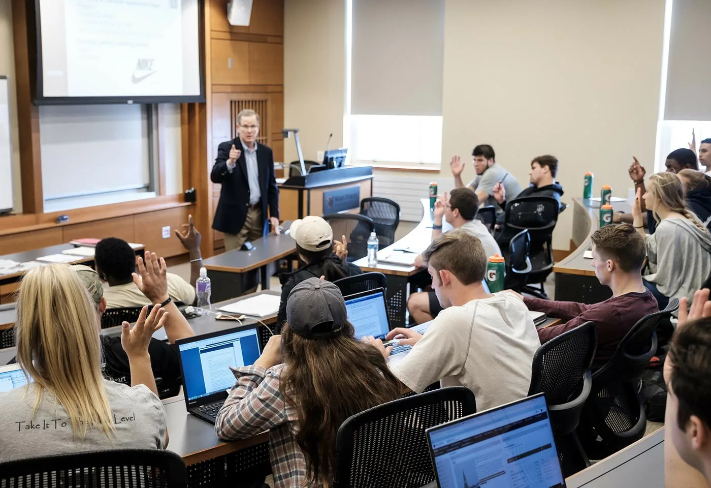 Wake Forest business professor Pat Sweeney teaches his leadership class in Farrell Hall.