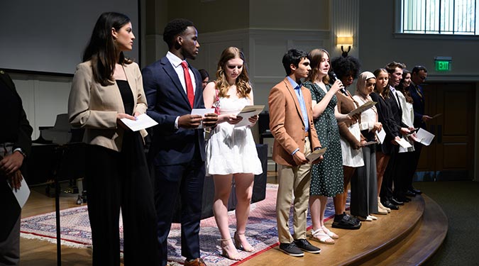 Leadership and Character funders, administrators, and friends of the Program attend the Scholars’ Initiation at the Kulynch Auditorium at the Porter Byrum Welcome Center.