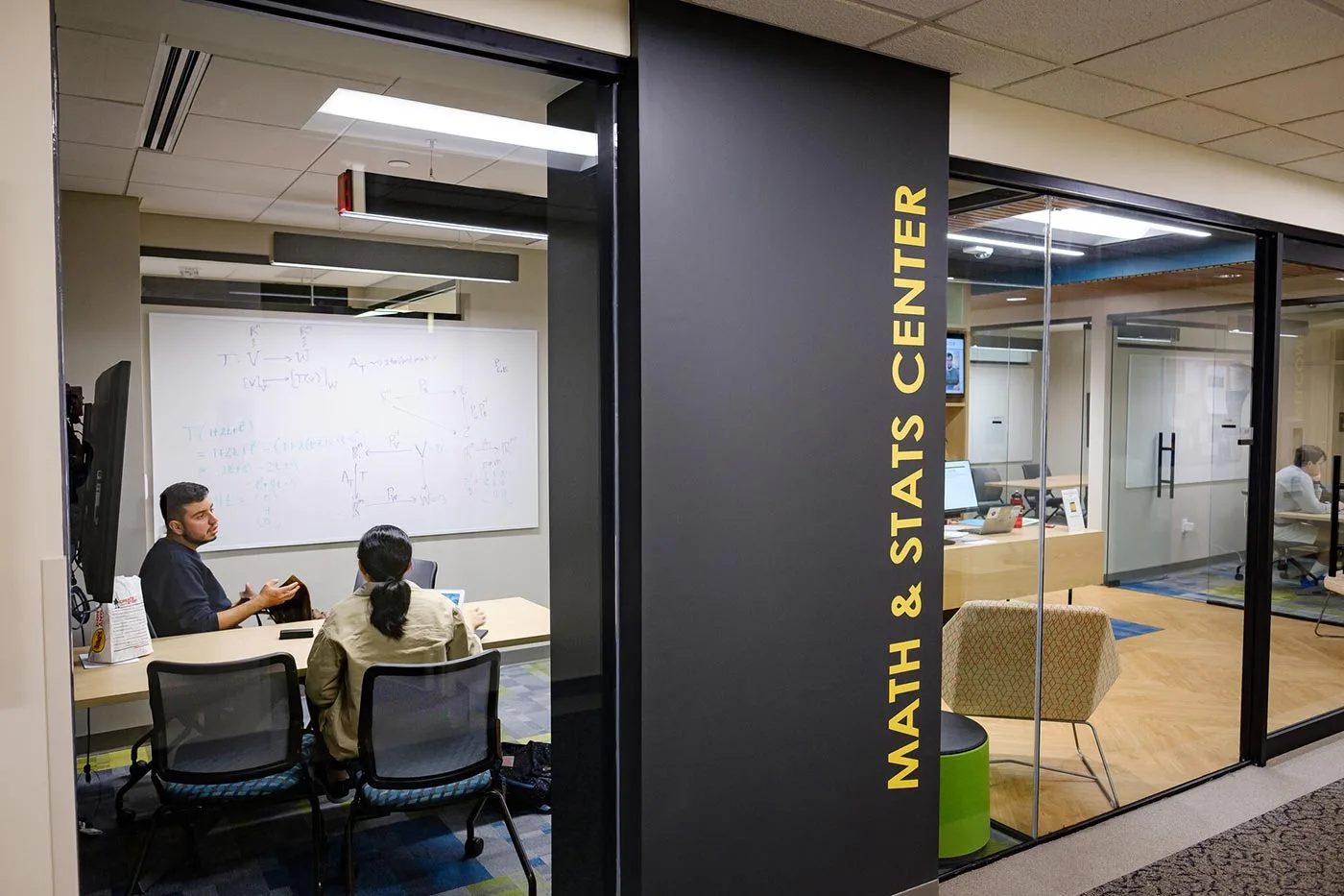 Wake Forest students spend time in the Math and Stats Center in Kirby Hall.