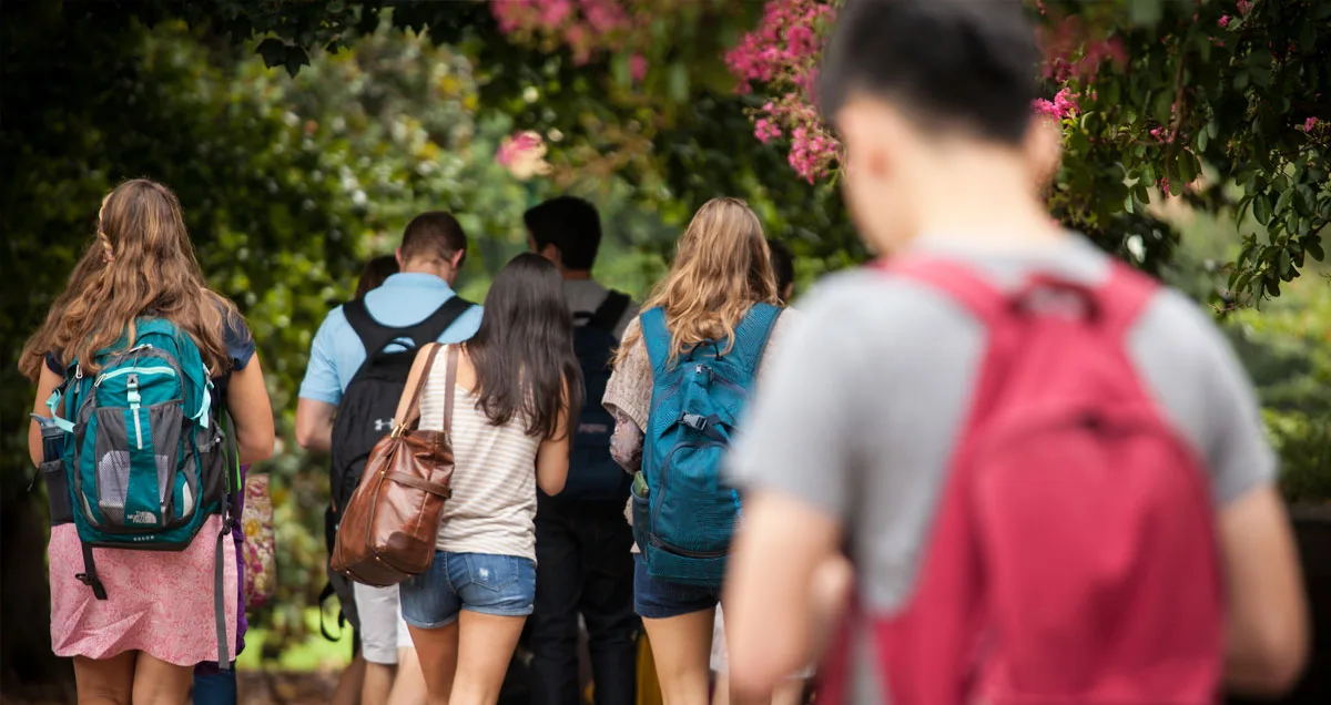 Students walking to class on Wake Forest's campus.