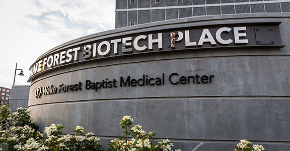 The sign outside the Wake Forest Biotech Place in downtown