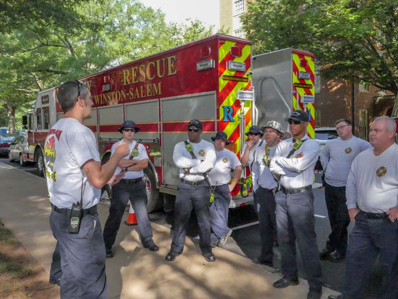 fire department meets before confined space training with WFU rescue staff