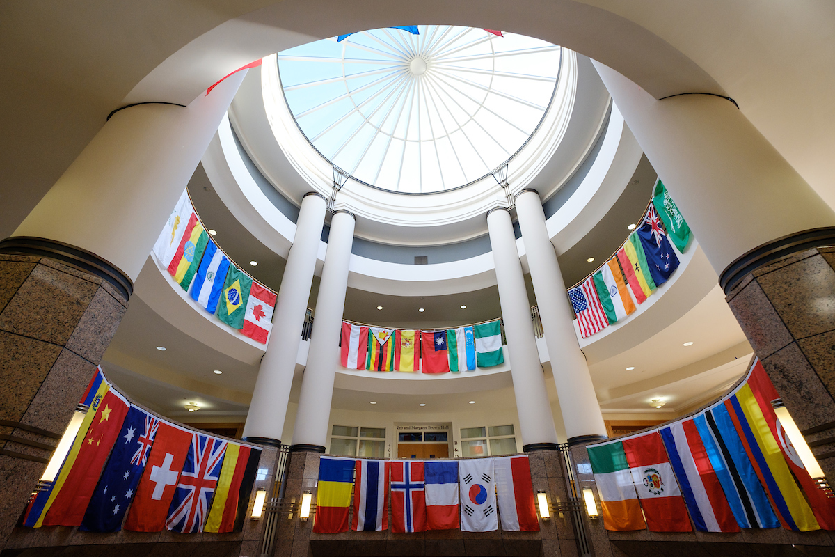 Flags from many nations hang in the atrium of the Benson Center on the campus of Wake Forest University on Monday, February 20, 2017.