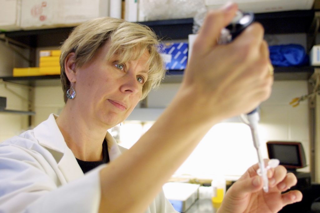 Wake Forest University biology professor Dr.Kathy Kron pipettes liquid into a small holder.