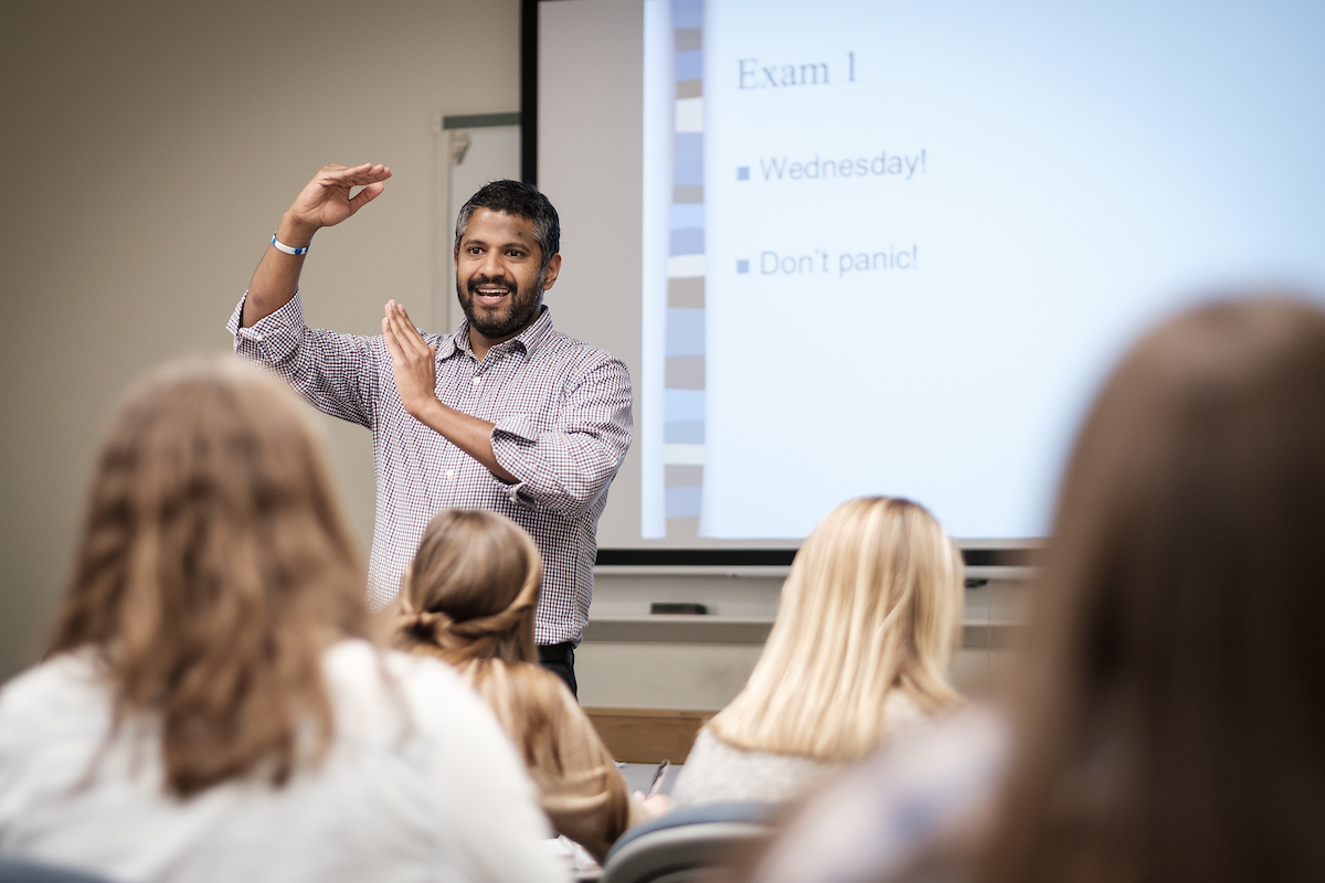 Wake Forest psychology professor Eranda Jayawickreme teaches his class on happiness in Greene Hall on Monday, February 26, 2018.