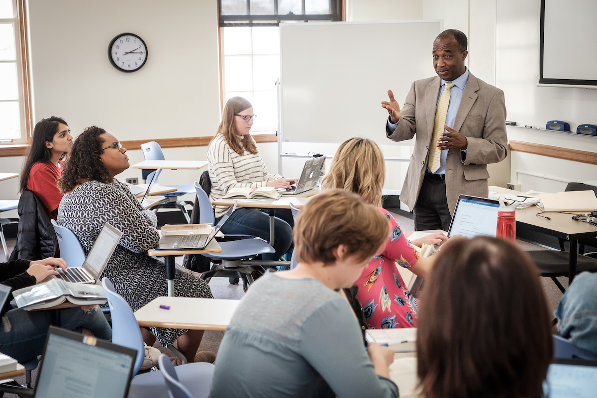Wake Forest religion professor Simeon Ilesanmi teaches an upper level class in Wingate Hall on Wednesday, April 4, 2018.