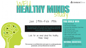 Take the Healthy Minds Survey, January 29-February 19. Get free coffee from Campus Grounds if you take the survey before February 4!