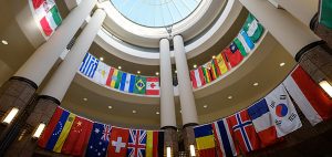Benson Center Rotunda decorated with flags at WFU