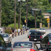 Students and professors bike to a downtown Winston-Salem farmer's market. In Nicaragua, they'll be looking at how the environment people live in affects their food choices and exercise options.