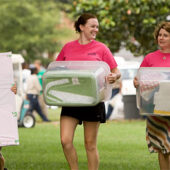 For a greener move-in, pack school supplies and clothes in re-usable storage containers, not boxes.