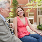 Tyler Humphreys ('09), one of six students to accept Fulbright fellowships for this year, talks with her faculty mentor, Professor of Classical Lanuages Robert Ulery.