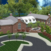 Architectural rendering of the new admissions building and Welcome Center.