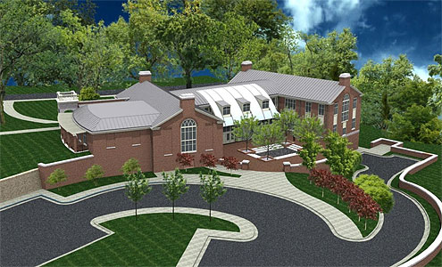 Architectural rendering of the new admissions building and Welcome Center.