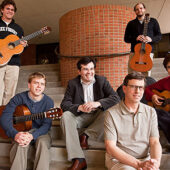 Front row, seated (left to right), sophomore John Kossler, Carlos Perez, and music professors Brian Gorelick and Pat Dixon; Standing, sophomore David Nestor and divinity student Matthew Stalnaker.