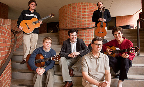 Front row, seated (left to right), sophomore John Kossler, Carlos Perez, and music professors Brian Gorelick and Pat Dixon; Standing, sophomore David Nestor and divinity student Matthew Stalnaker.
