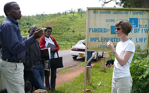 Sarah Lischer (far right) with the staff of the Lutheran World Federation at a rice cooperative in eastern Rwanda.