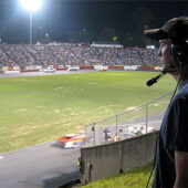 Alumnus Grant Kahler at Bowman Gray Stadium, “the central battleground where the main characters meet every week” in his new reality television series.