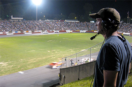 Alumnus Grant Kahler at Bowman Gray Stadium, “the central battleground where the main characters meet every week” in his new reality television series.