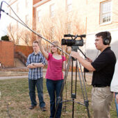 Hailey Robbins records a segment for ESPN-U with WAKE TV crew members Brent Lindley, Rebecca Moberly, Ben Kempton and John Harrison.