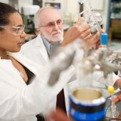 Melissa Donaldson (’10) and chemistry professor Ronald Noftle worked together for three years on polymer research related to energy storage.