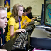 Eighth-grade students test the "CellCraft" educational video game developed by a Wake Forest professor and two graduates.