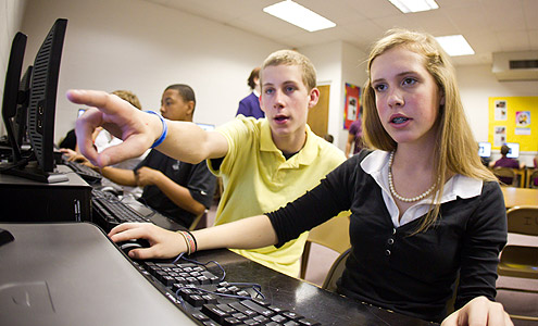 Students in Vicki Clankscales' eighth-grade science class at Hanes Middle School play CellCraft in the school's computer lab.