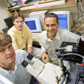 Wake Forest physics professors Martin Guthold, left to right, Keith Bonin and Jed Macosko.