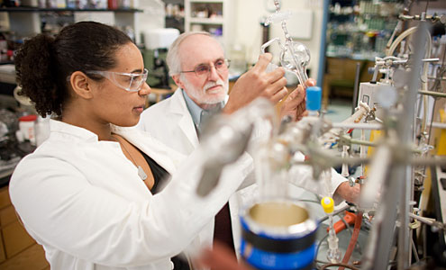 Chemistry professor Ron Noftle works with chemistry major Melissa Donaldson ('10) in his lab in Salem Hall.