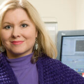 Wake Forest communication professor and filmmaker Mary Dalton in an editing room in the basement of Carswell Hall.