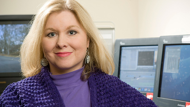 Wake Forest communication professor and filmmaker Mary Dalton in an editing room in the basement of Carswell Hall.