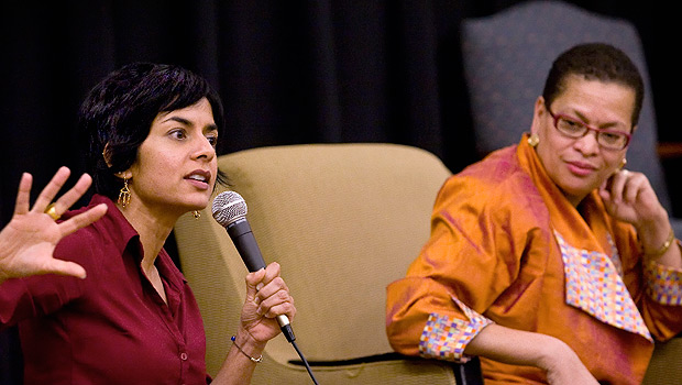 Simran Sethi (left) and Julianne Malveaux spoke at the Environmental Justice discussion.