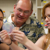 Chemistry professors Patricia Dos Santos and Bruce King with senior chemistry major Allison Faig