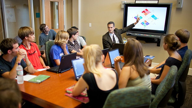 Physics professor Jed Macosko and his class