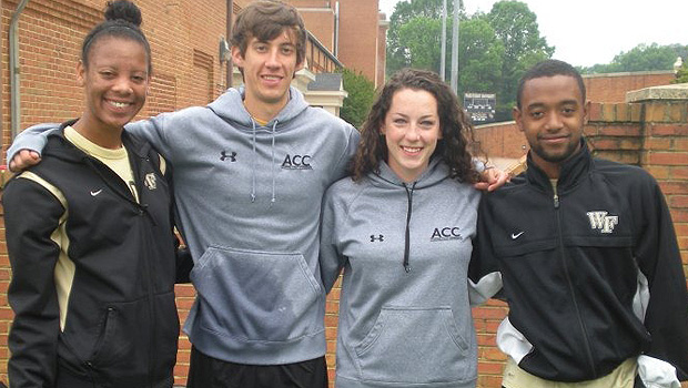 From left: Alisha Woodson (soccer), Paul Loeser (cross country), Michele Lange (track) and Nick Millington (former soccer) have been involved in AIA on campus and with the karaoke project.
