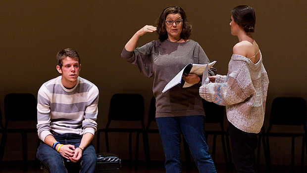 Broadway veteran Susan Terry (center) coaches students Jake Meyer and Brooke Saba.