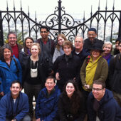 Participants in the Interfaith Pilgrimage to the Holy Land gather in front of the gates at Haifa.