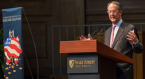 Erskine Bowles addresses the audience in Wait Chapel.