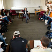 Professor Omaar Hena teaches freshmen in his first-year seminar on globalization and world literarture in Tribble Hall.