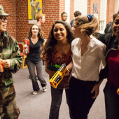 Wake Forest students play Humans vs. Zombies, a new tradition on campus, in the Z. Smith Reynolds Library.