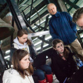 Music of Physics class in the belltower of Wait Chapel taking sound measurements