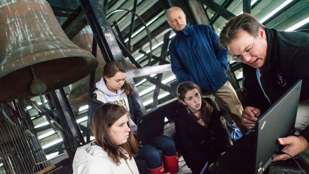 Music of Physics class in the belltower of Wait Chapel taking sound measurements