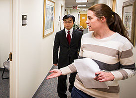 Senior Jung Ho Kim ('13) is taken to his interview.