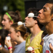 Members of the Wake Forest community run laps on Hearn Plaza to raise money for cancer research in the 10th annual Hit the Bricks for Brian event on Thursday, September 27, 2012. Teams participate in the egg race for extra points.