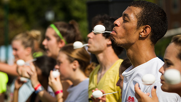 Members of the Wake Forest community run laps on Hearn Plaza to raise money for cancer research in the 10th annual Hit the Bricks for Brian event on Thursday, September 27, 2012. Teams participate in the egg race for extra points.