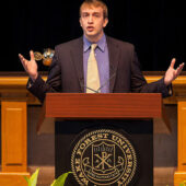 Senior Joshua Courtney delivers his senior oration at Founders' Day Convocation.