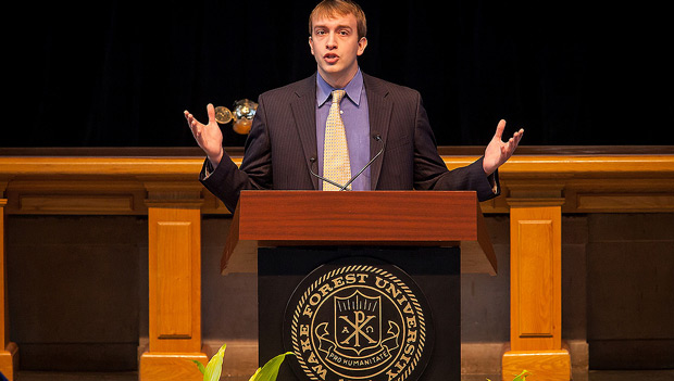 Senior Joshua Courtney delivers his senior oration at Founders' Day Convocation.